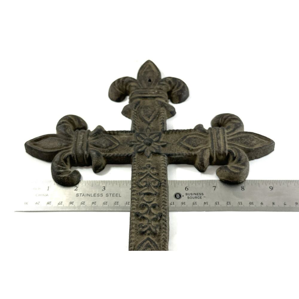 Cast Iron Fleur De Lis Wall Cross Rustic Religious Decor Brown Distressed 12” - Picture 5 of 7